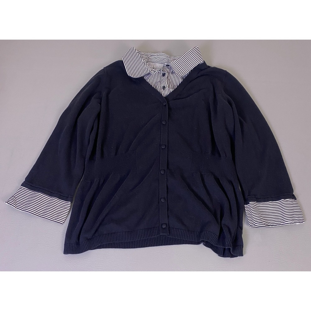 Essentials Cardigan 2-Piece-Look Womens 3X Navy Blue 2-in-1 Faux Layered Striped